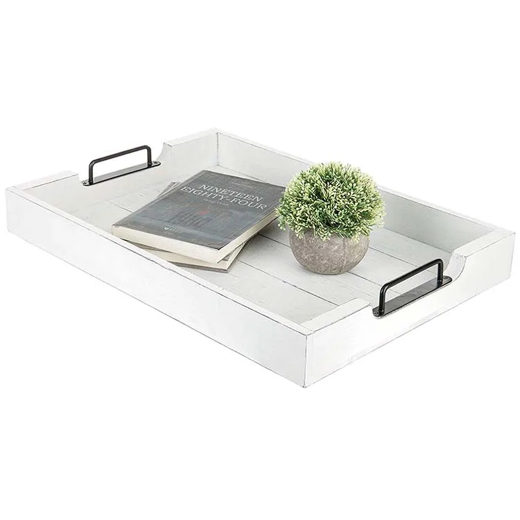 
Vintage White Wood 20-Inch Serving Tray with Black Metal Handles 