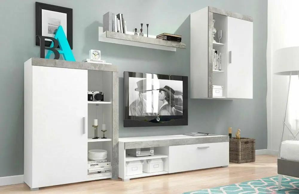 Living room Wooden furniture set tv unit stand  display shelf white sonoma concrete
