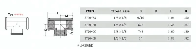 S.A.E NPT Standard 3 Way Tee Metal Brass Pipe Fitting Female