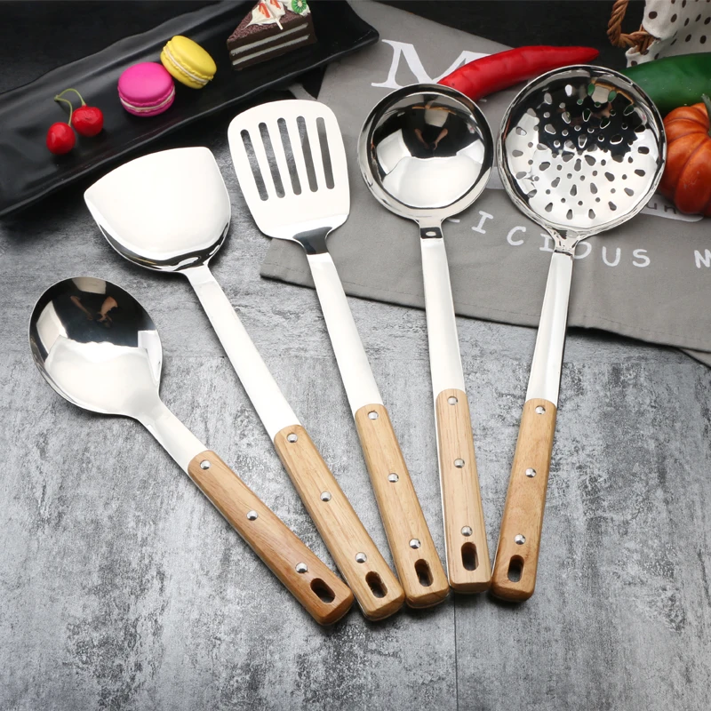 Solid Wood Cooking Tool set Stainless Steel Kitchen Utensil Set With Wooden Handle