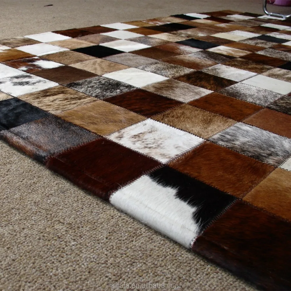 Cowhide carpet and rug, 15x15cm patchwork cow rug with leather border
