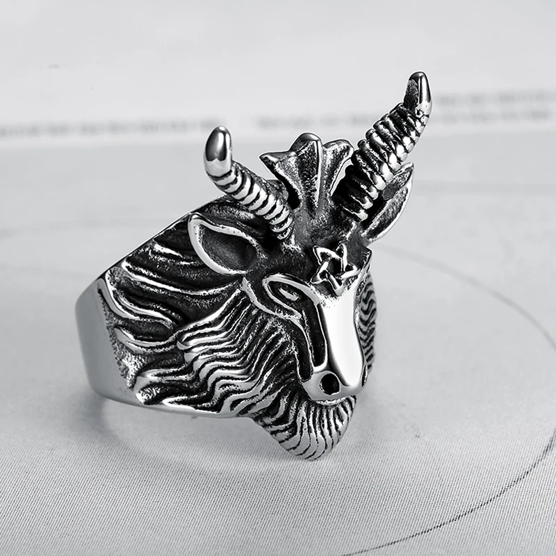 316L Stainless Steel Personality Domineering Halloween Long Horn Satan Ram Goat Ring Vintage Biker Pentagram Male Jewelry