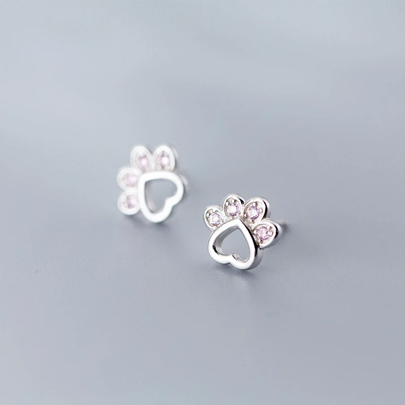 Silver 925 Fashion Cute Cubic Pink Zirconia Cat Claw Stud Earrings Luxury Designer Jewelry for Women