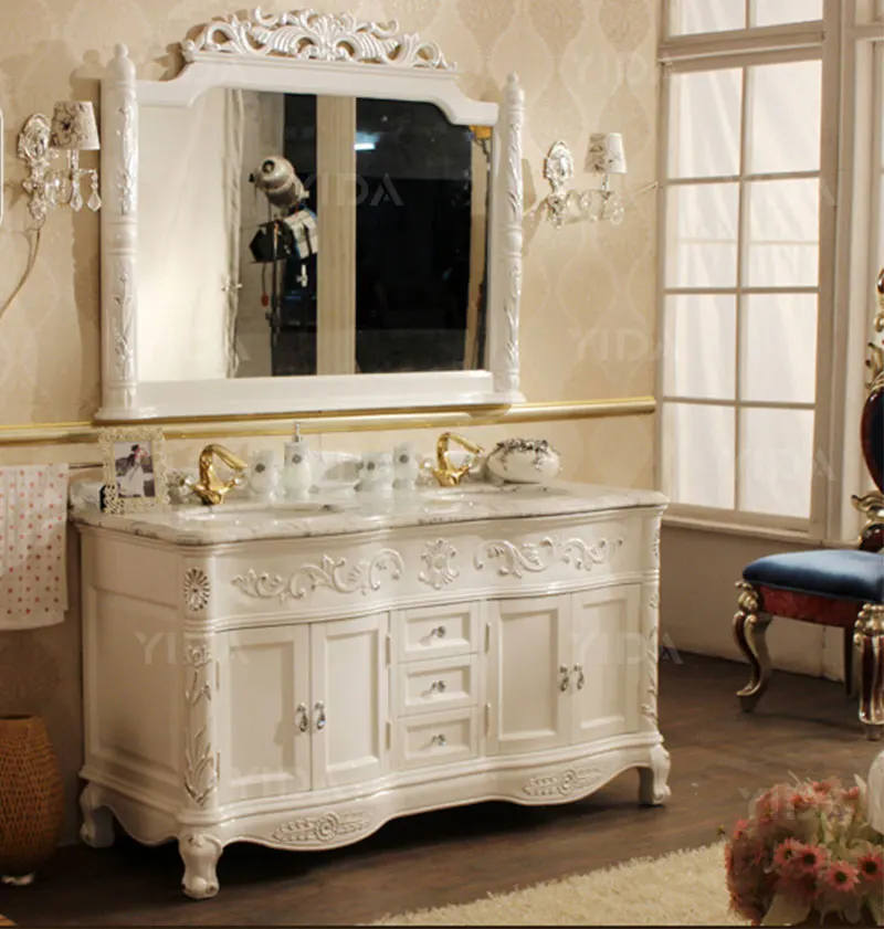 Classic Retro beige Bathroom Vanity Antique Wooden Bathroom Vanity with mirror
