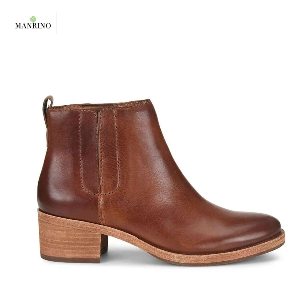 MANRINO-0192 Handmade Distressed Red Brown Genuine Leather High Quality Comfortable Chunky Heel Women Leather Sole Ankle Boots