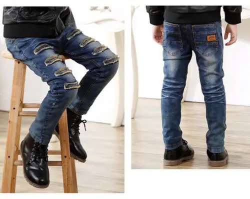 
Kids Boys Rip Jeans Denim Pants Stretch Elastic Trousers 