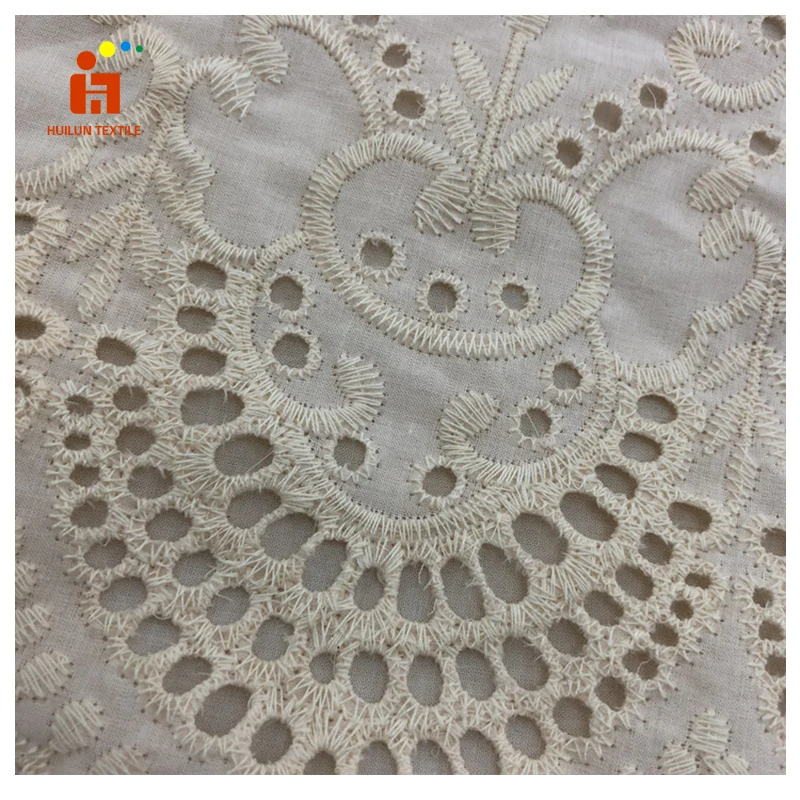 2023 wholesale high quality plain cotton embroidered fabric cotton lace fabric white flat perforated embroidery