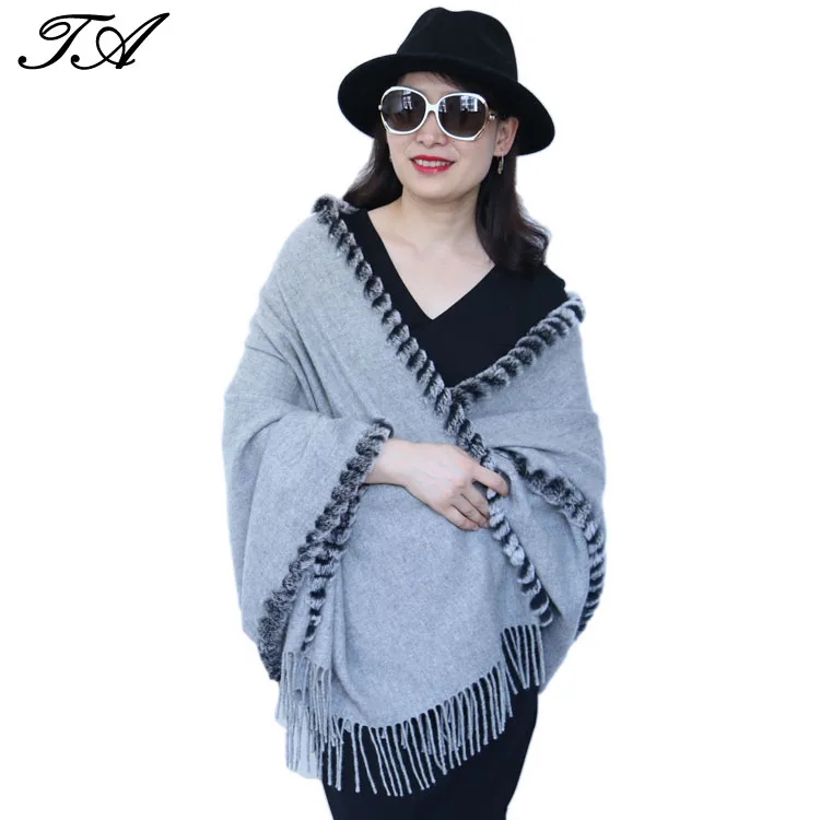 
Ladies Plain Tassel Wool Yarn Dyed Knit Long Big Stoles And Shawls Wrap With Rabbit Fur Trim 