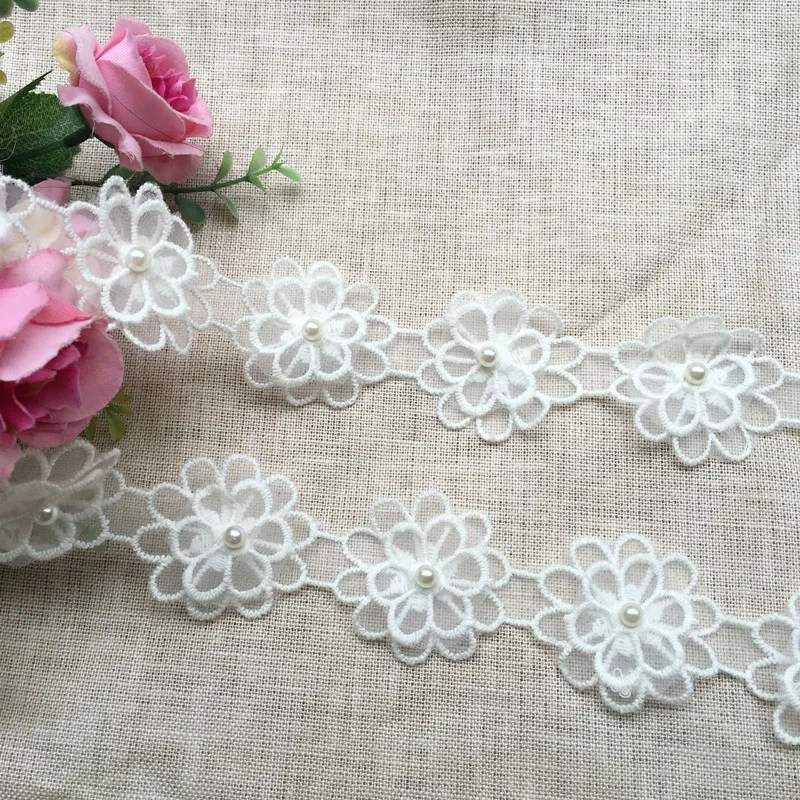 Wholesale beaded flower wedding accessories diy decorative Pearl flower embroidery water soluble lace trim