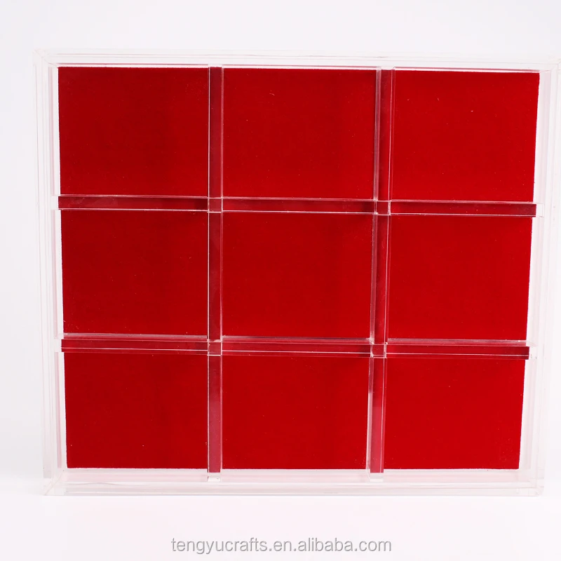 cube square plexiglass lucite large counter display case / acrylic gem jewelry display box with dividers red pad
