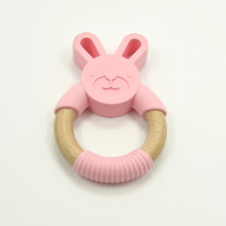 
BPA Free Orgnanic Baby SIlicone and Beech Wood Teether Ring Bunny Elephant Rabit Wooden Ring Teething Toy 