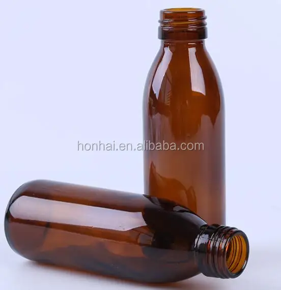 100ml amber glass syrup bottle with Screw finish pilfer proof aluminum cap