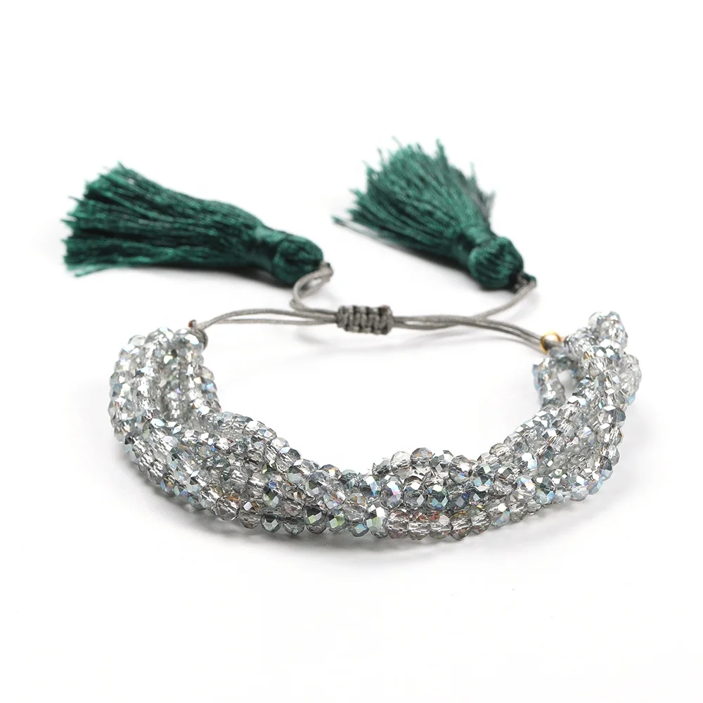 Moyamiya Boho Jewelry Multistrand 4mm Crystal Beaded 6 Layers Bohemian Tassel Bracelet Women