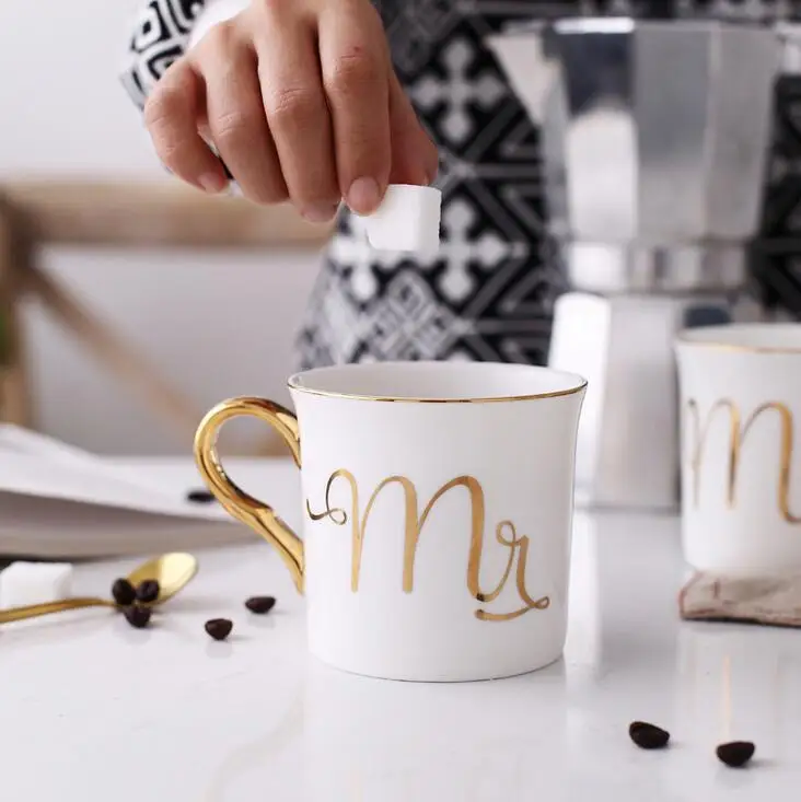 Milk Drinkware Creative Present Ceramic Cup and Mugs Couplr Gift Coffee Mugs with Golden Handle