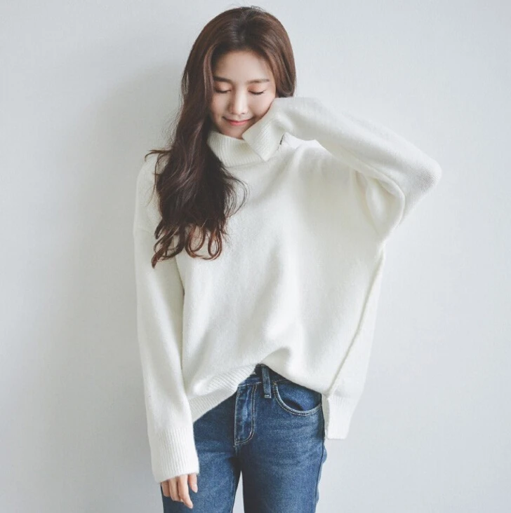 women pullover knitted turtle neck long sleeve Korean style fashion loose sweaters white
