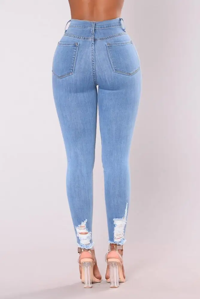 New design high waist stretch skinny denim distressed jeans women