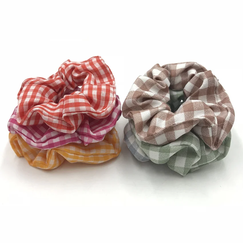Хит продаж среди женской резинки в мелкую клетку резинка для волос с заячьими ушками; С эластичными лентами; Прическа хвостик; 100 шт./лот 6 видов цветов
