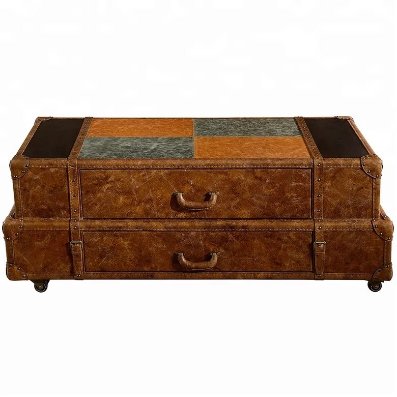 Living Room Mirrored Surface Vintage Tufted Genuine Leather Ottoman Coffee Table