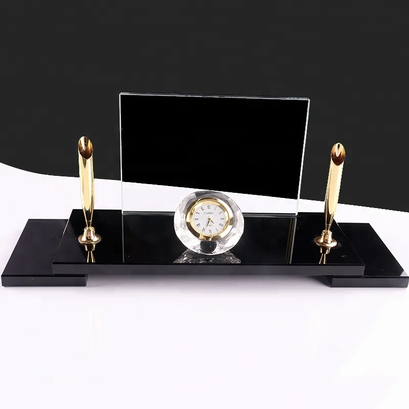 High quality Crystal pen stand / holder with clock for office desktop set crystal for office gifts