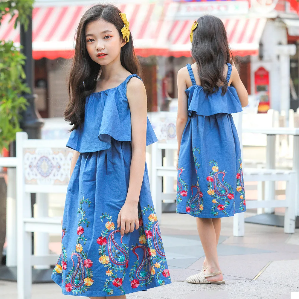 Vintage Teen Girls Summer Casual Dress Blue cowboy embroidery kids girl dress