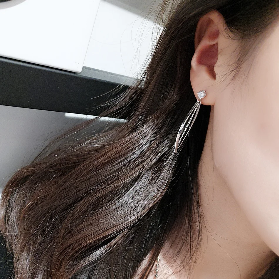 Dainty white gold CZ 925 Sterling silver dangle twisted ribbon drop tassel earrings