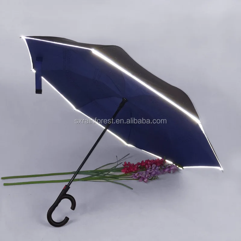 Double Layer C Handle Automatic Folding Inverted Umbrella with Reflective Strip