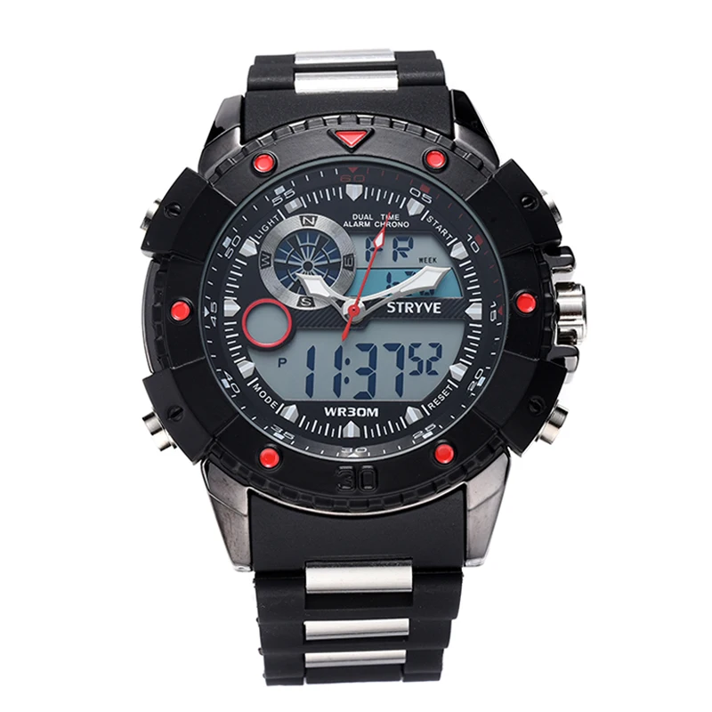 Multifunction Sports Watch Men Big Dial Stryve Brand Luxury Double Time Waterproof Dive Quartz Analog Digital Led Watch
