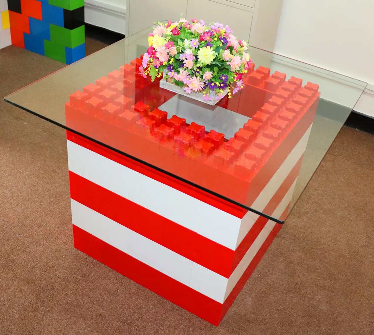 2021 New Product Plastic Block Table Chairs Big Size Toy Furniture Set With Glass Countertop