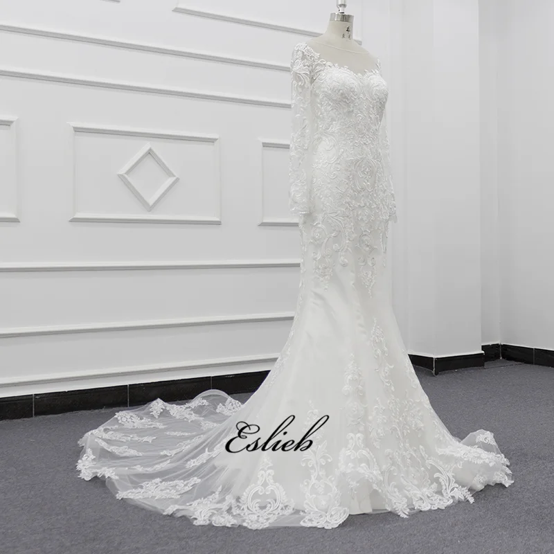 Eslieb 2019 SJ048 Charming Mermaid Long Sleeve Tulle Lace Appliques Vintage Wedding Dress With Scalloped Muslim Wedding Dress