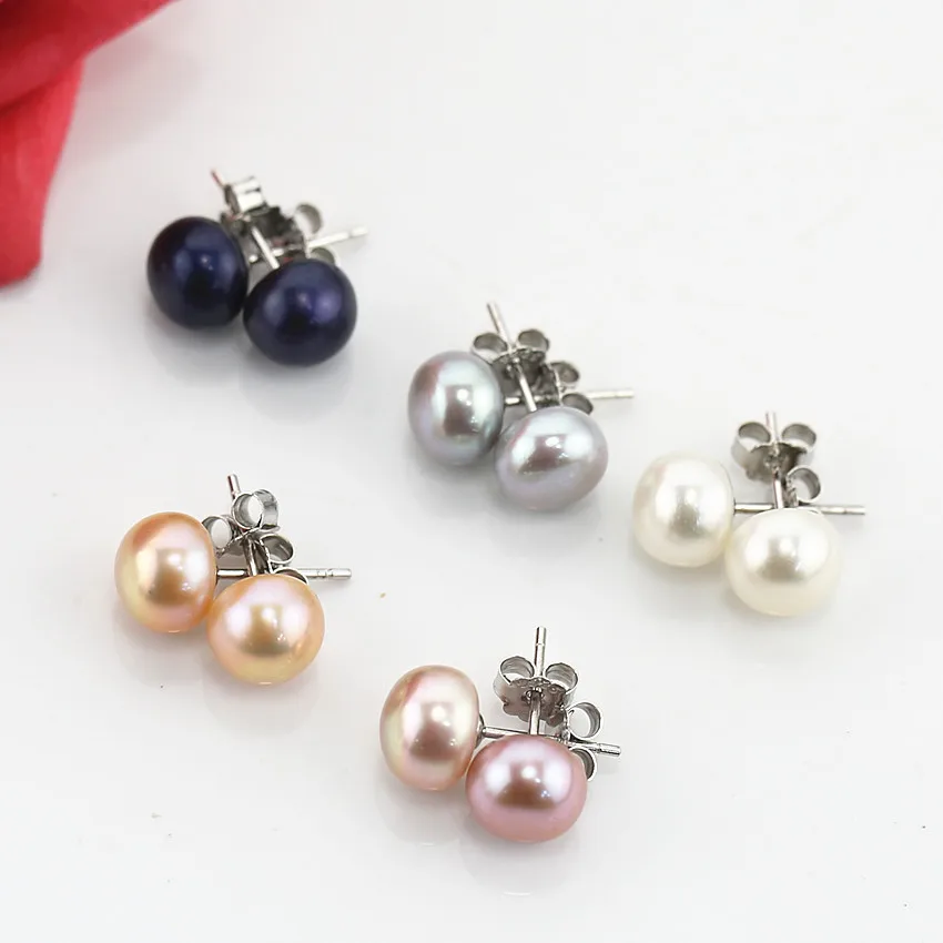 925 sterling silver white black real simple natural genuine cultured fresh water freshwater pearl stud earings earrings