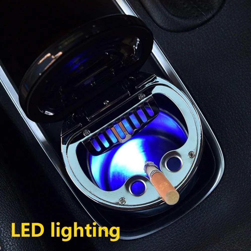 Car Ashtray, Easy Clean Up Detachable Stainless Car Ashtray with Lid Blue Led Light and Removable Lighter for Most Car Cup Holde