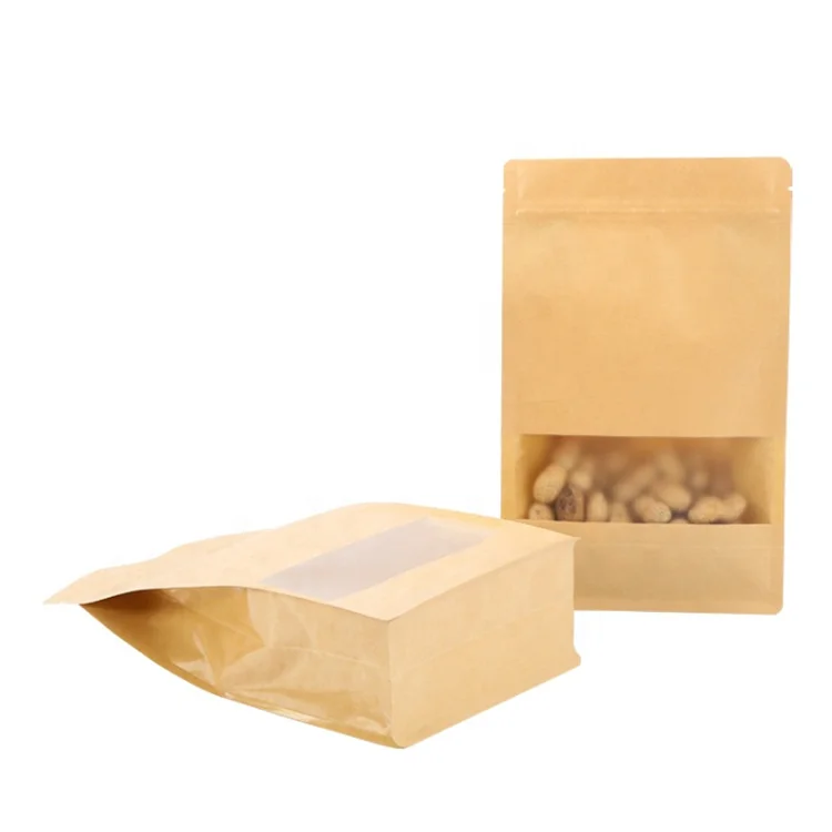 Wholesale Reusable Flat bottom Heat-Sealable Zipper Kraft Stand Up Pouches with Matte Window