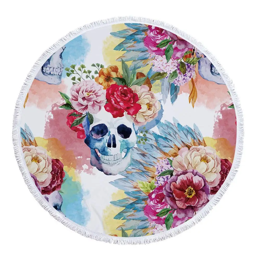 Skull Round Beach Towel Circle Blanket Skeleton Flower Microfiber Round Beach Blanket Custom Print Toalla Redonda