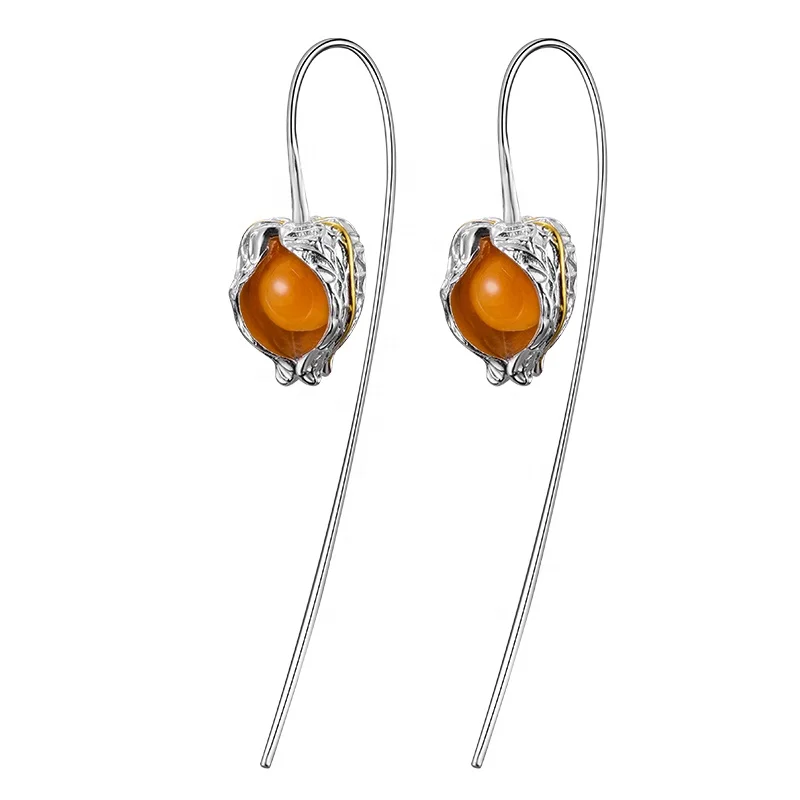 Custom Natural Stone Creative Design Physalis Fruits Cape gooseberry Dangle drop  Earrings 925 sterling silver with 18k jewelry