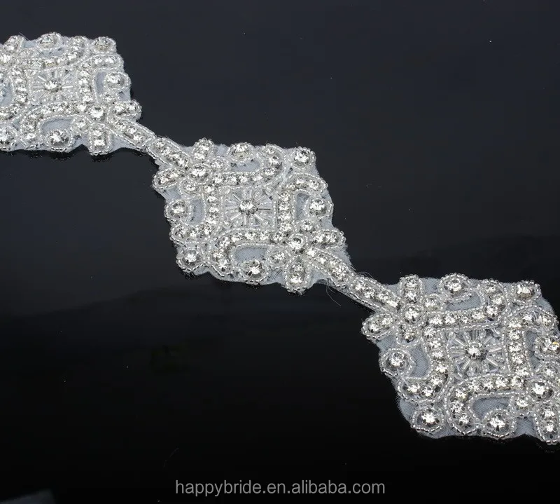 Clear Rhinestones Beaded Trim Applique for Wedding Dress and Bridal sash garter RA1014