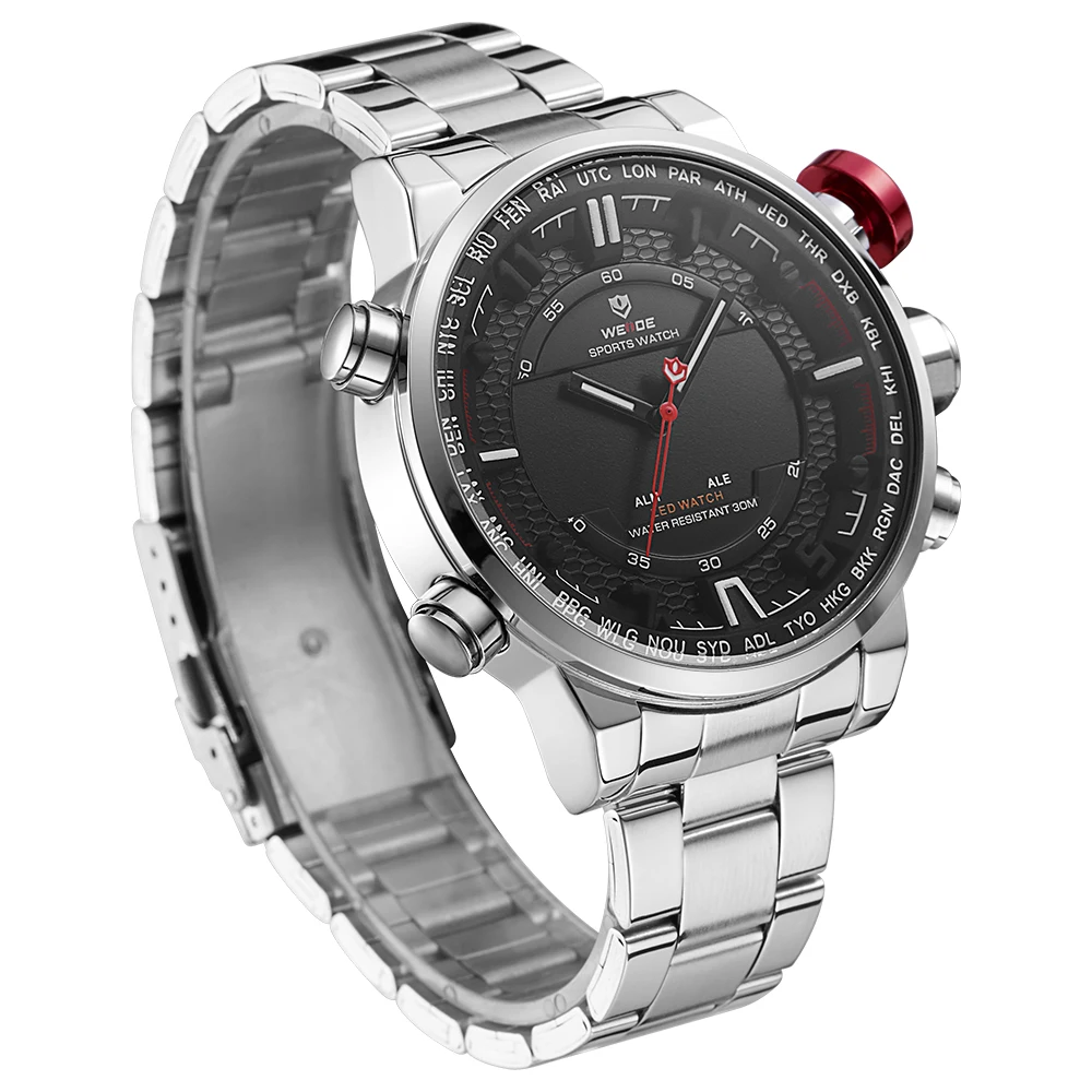 2018 WEIDE IP Silver Stainless Steel LED Clock, LED Display Wristwatches WH6402 for men