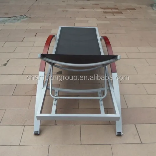 swimming pool sun lounger chair with mesh fabric and wooden arm