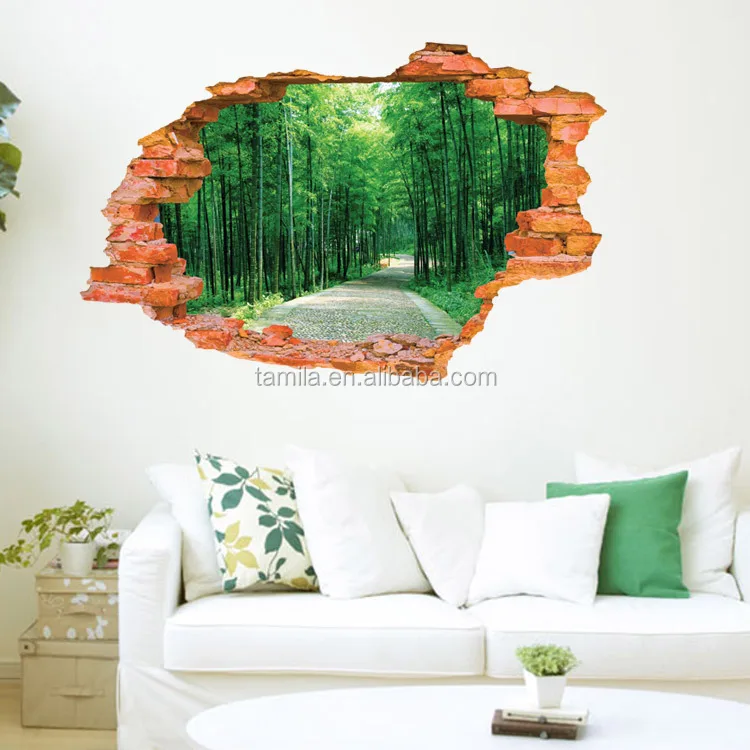 interior 3d brick broken window wall sticker for living room decorative wallpaper