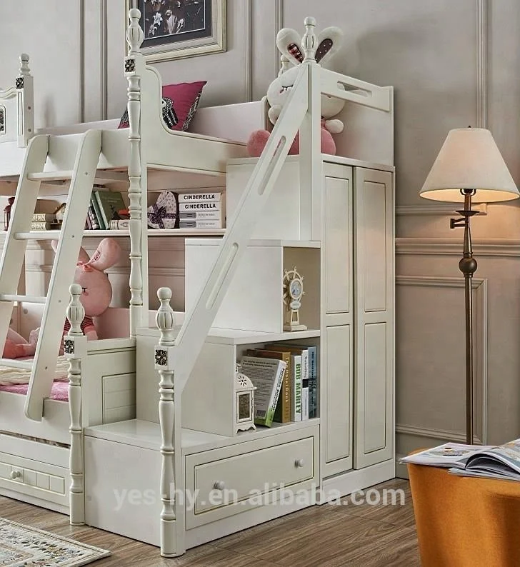 Двухъярусная кровать с горкой дешевая детская мебель белый американский стиль A88