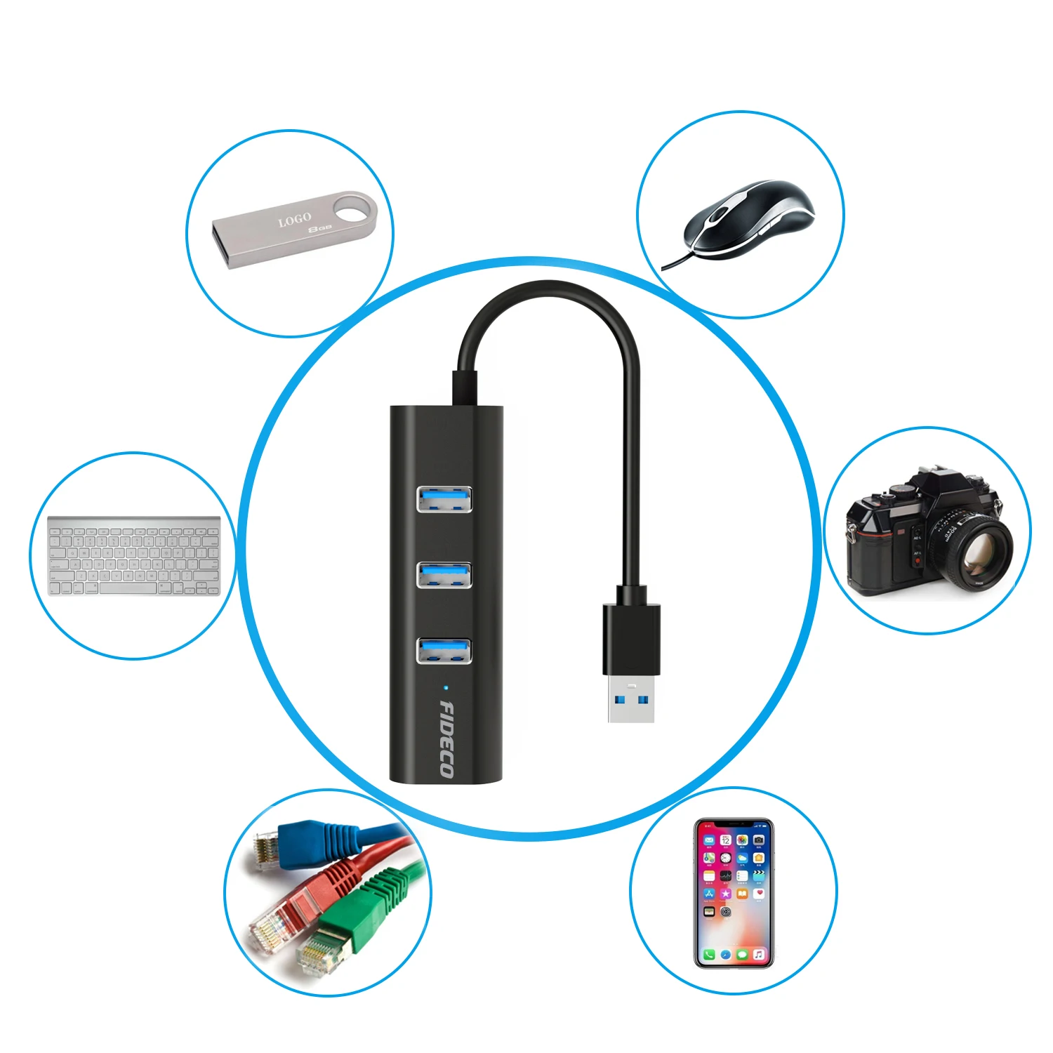 FIDECO wholesale 3 usb hub with rj45 ethernet adapter usb 3.0 to ethernet lan adapter