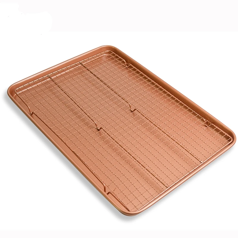 Non-stick Cookie Tray 18 gold baking tray for bread, cookies, fried wings and 1 pc. baking rack, cake tools