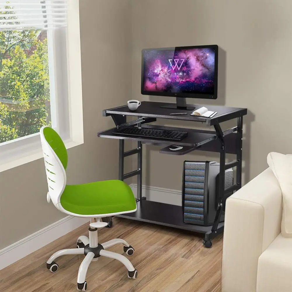 Computer Desk Small Rolling Study Table, Compact Home Office Furniture, Laptop Workstation with Pull Out Keyboard Tray