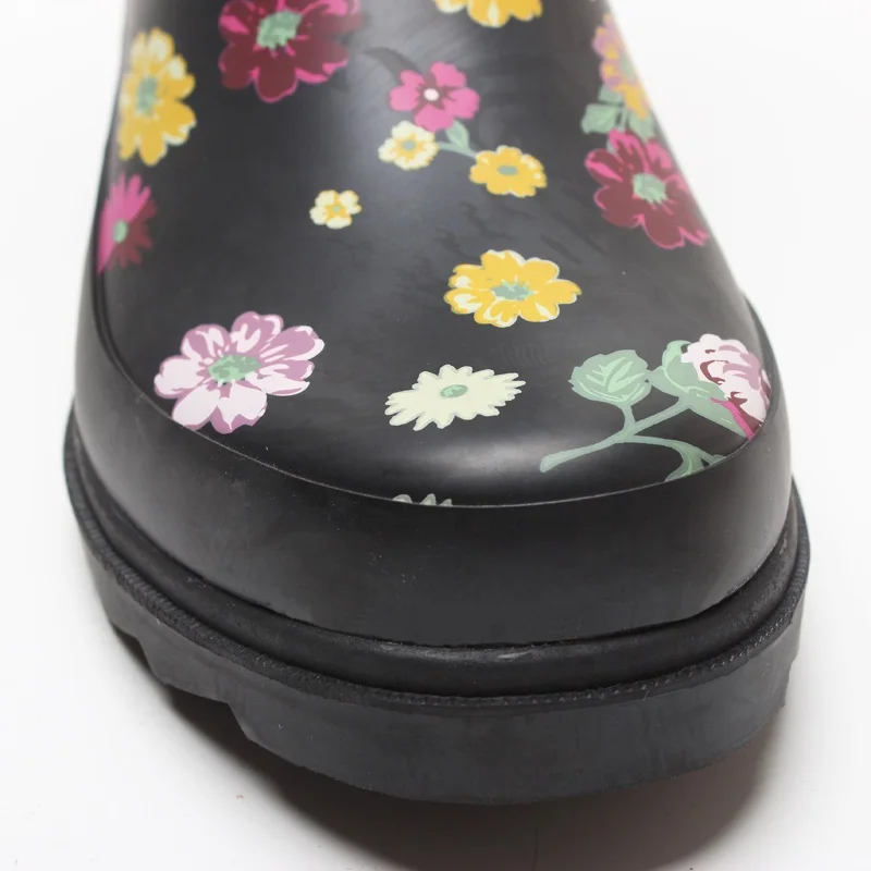 Hot sales fashion cheap high heel black flower print women rubber rain print shiny rain boots