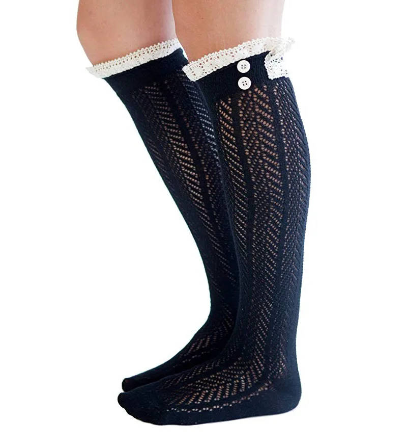 
AJ186034 Wholesale Cute Charming Ruffles Lace Trim Knee High Knitted Boot Socks For Women 