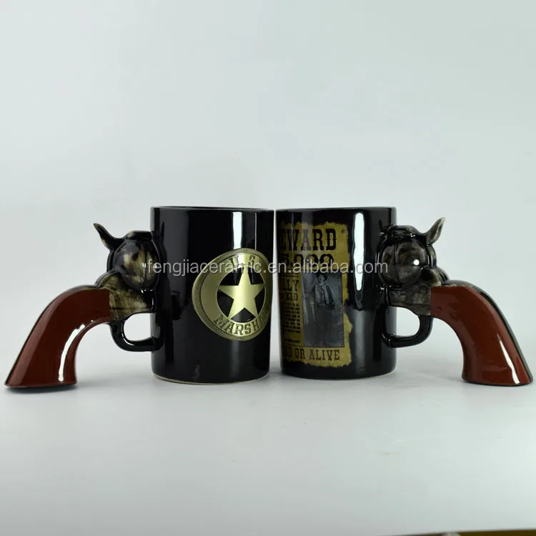 Ceramic mug custom design black mug with gun handle and metal logo