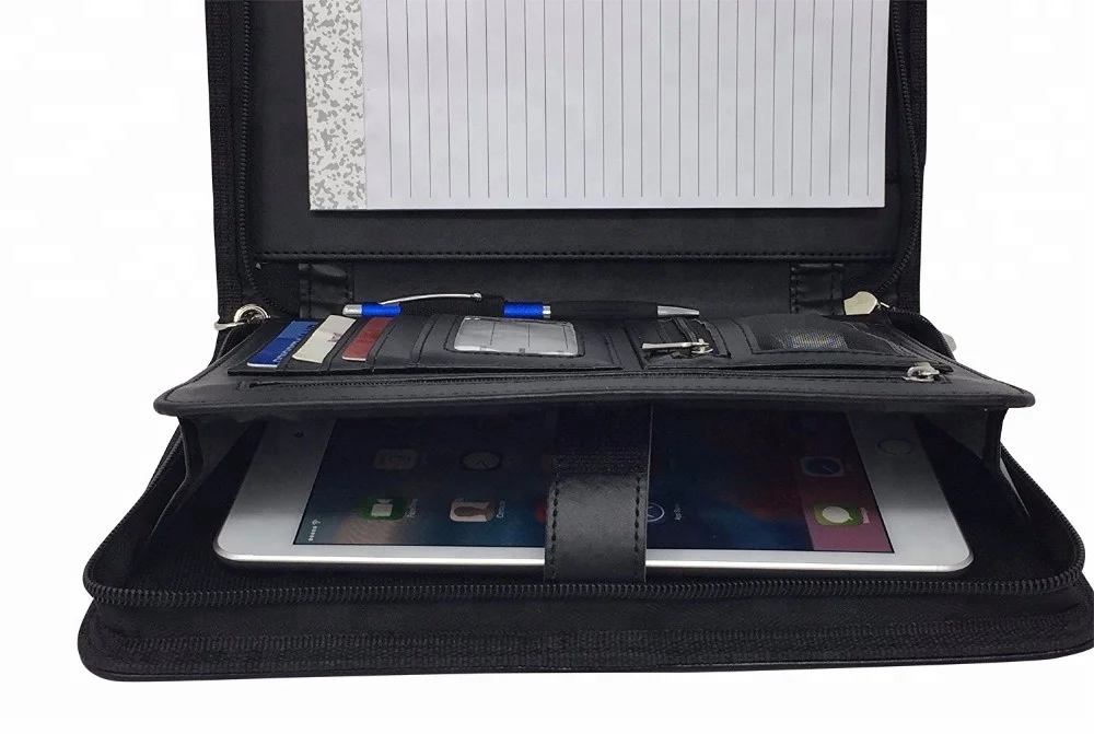 Professional Black PU Leather Portfolio Binder Organizer Zippered Portfolio Folder