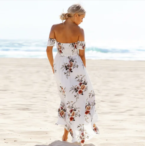 Boho style long dress women Off shoulder beach summer dresses Floral print Vintage chiffon white maxi dress vestidos de festa