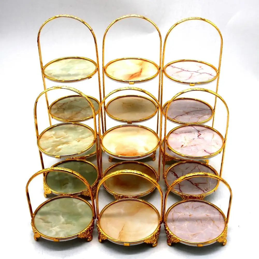 Оптовая продажа модные 3 уровня Gold Мраморный Круглый и прямоугольник десерт стенд свадебный торт подставки с металлической ручкой завод по индивидуальному заказу