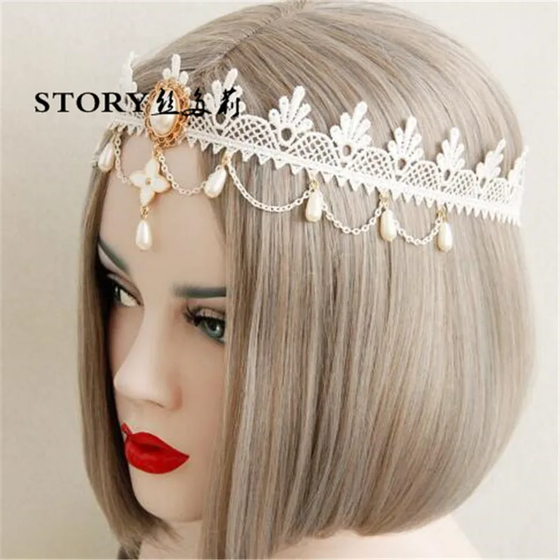 wedding bride lace flower pearl beaded forehead crown tiara headband