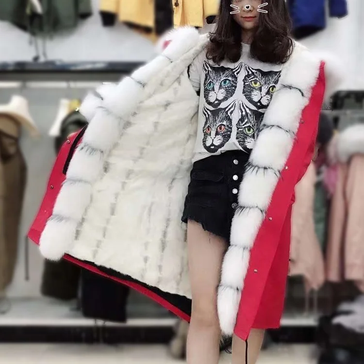 Ladies Black Mink Fur Lining Parka Coat With Fur Hood